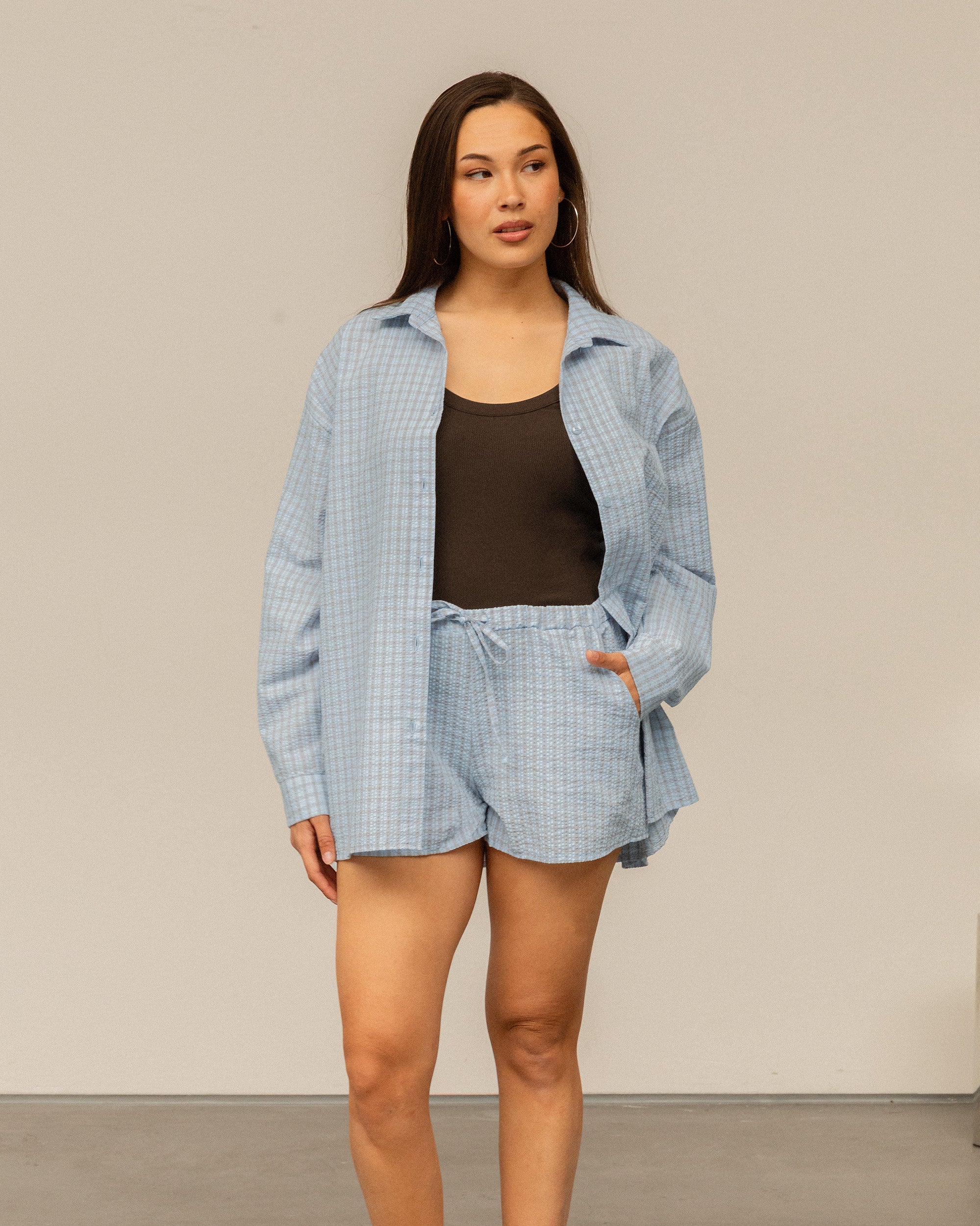 CHECK OVERSIZED BLOUSE LICHTBLAUW