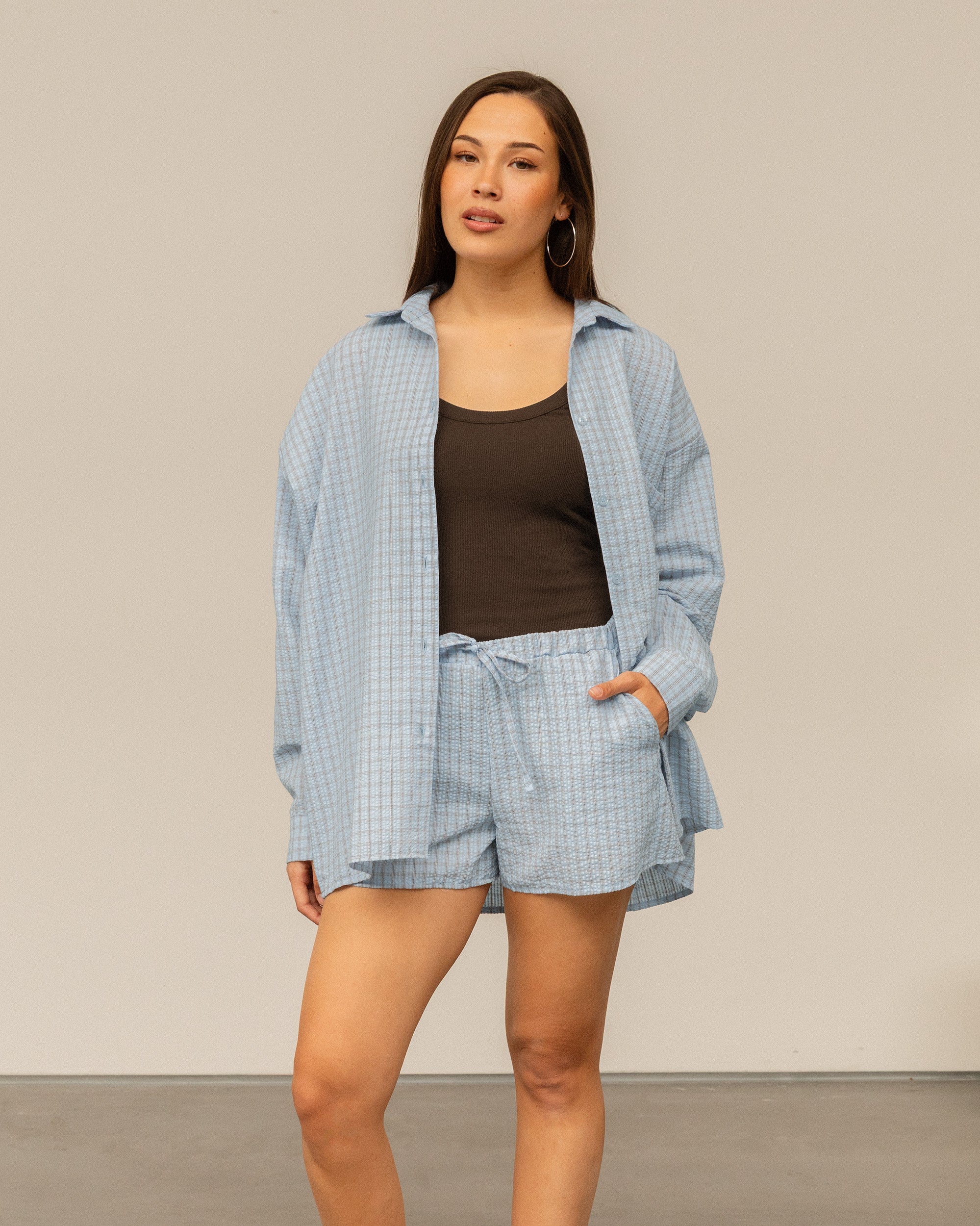 CHECK OVERSIZED BLOUSE LICHTBLAUW