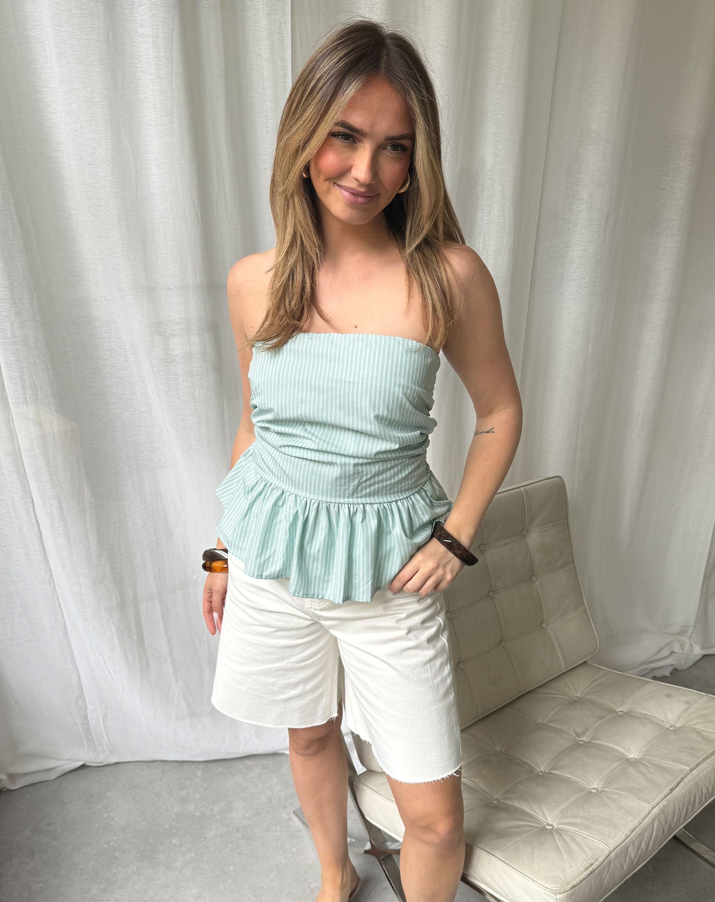 BESSY STRIPE PEPLUM TOP LICHTGROEN