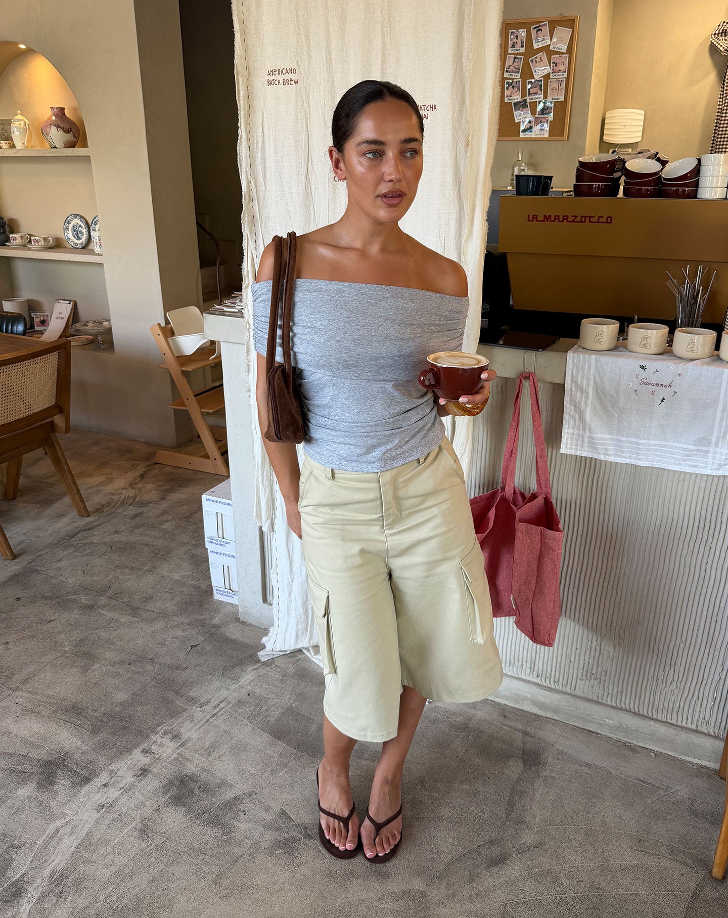 TAMAR DRAPED OFF SHOULDER TOP GRIJS MELANGE