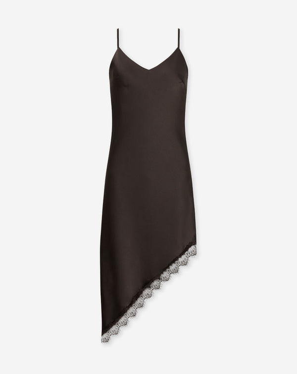 ASYMMETRIC SATIN LACE CAMI DRESS DONKERBRUIN
