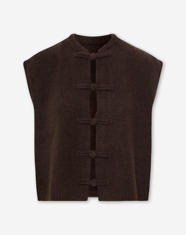 MANDARIN SLEEVELESS CARDIGAN BROWN