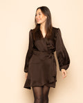 ELINE SATIN CRINKLE WRAP DRESS BROWN