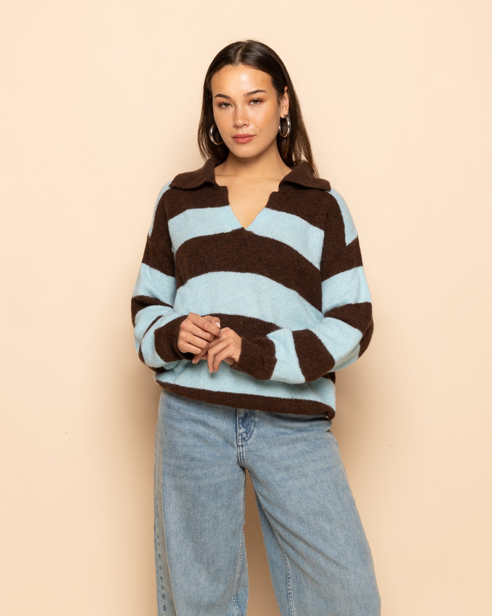 KNITTED STRIPE POLO LICHTBLAUW