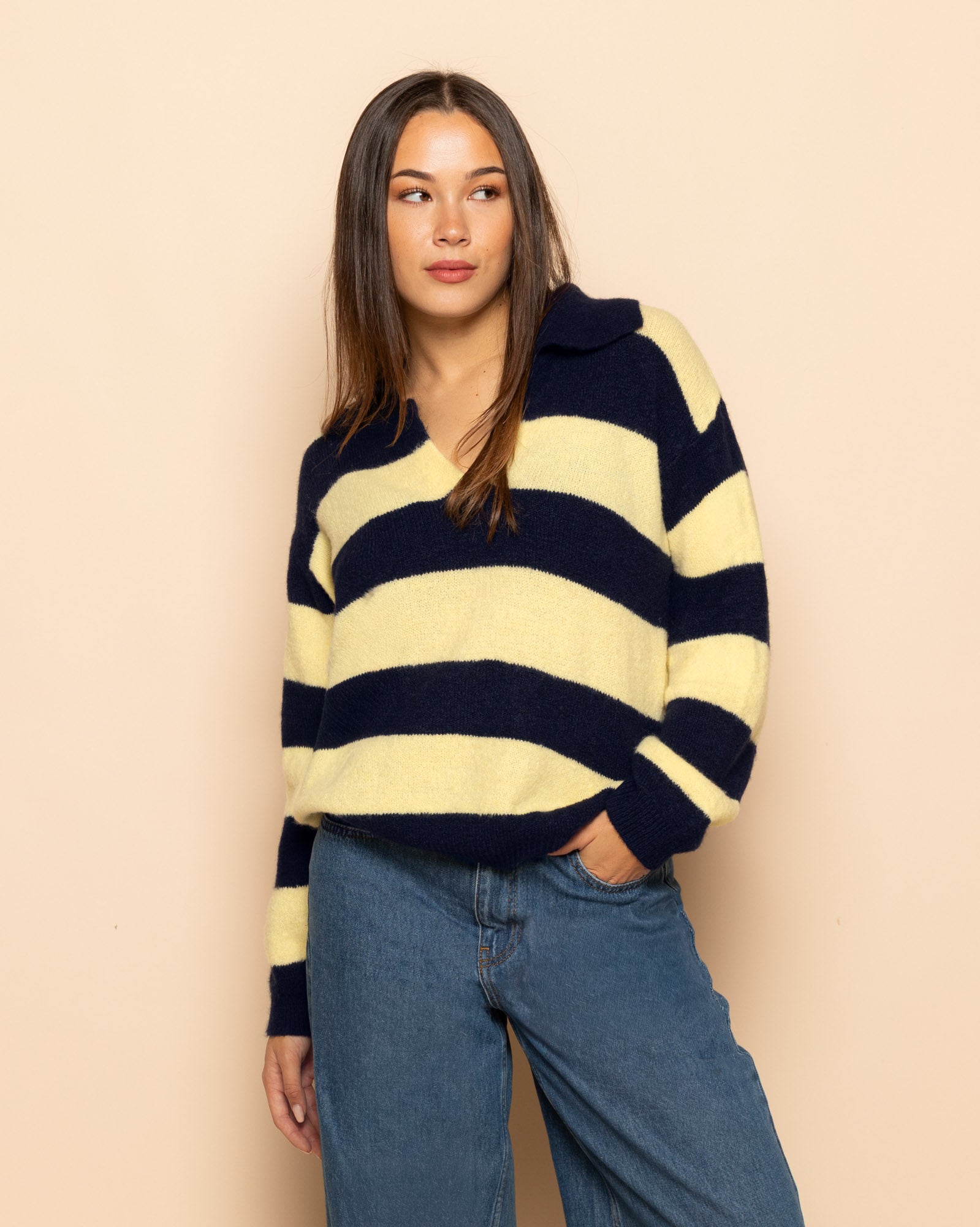 KNITTED STRIPE POLO NAVY