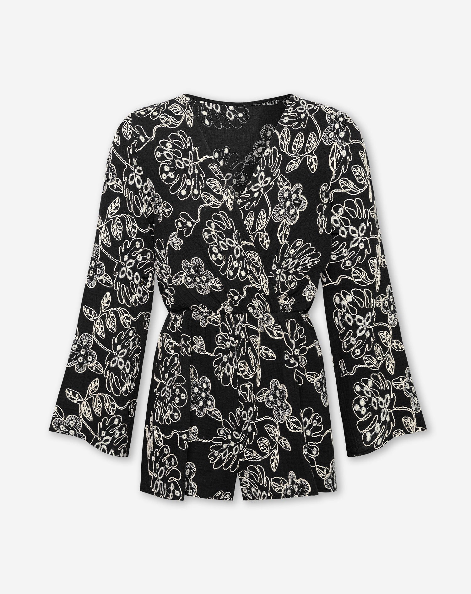 FLOWER EMBROIDERY PLAYSUIT BLACK
