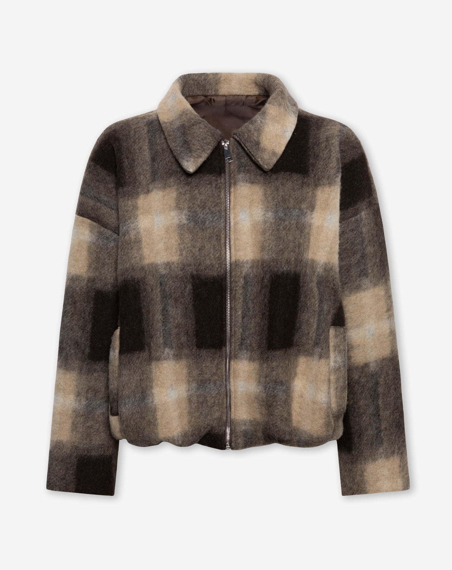 CHECKED BUBBLE HEM JACKET BROWN