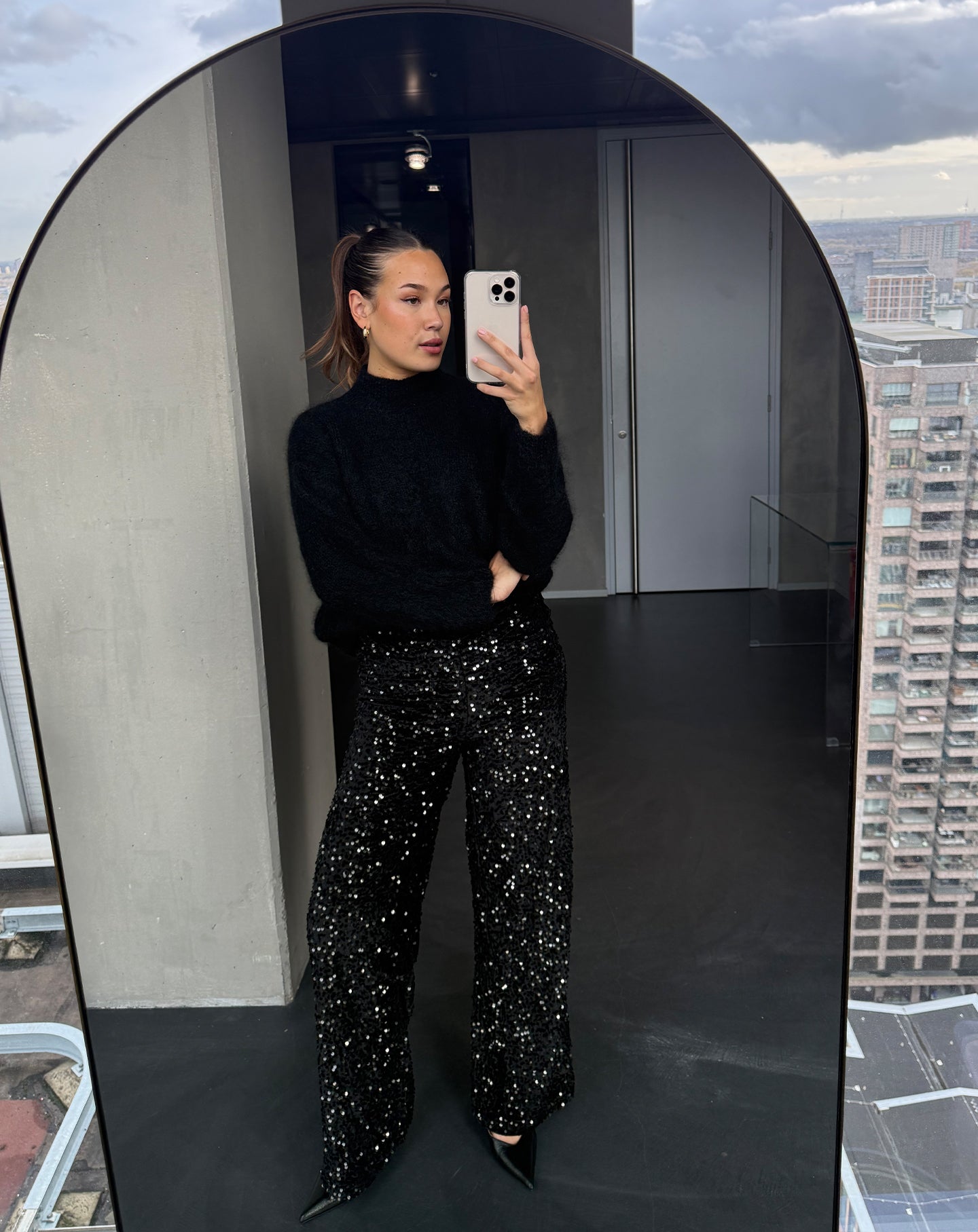 VELVET SEQUIN WIDE LEG PANTS BLACK