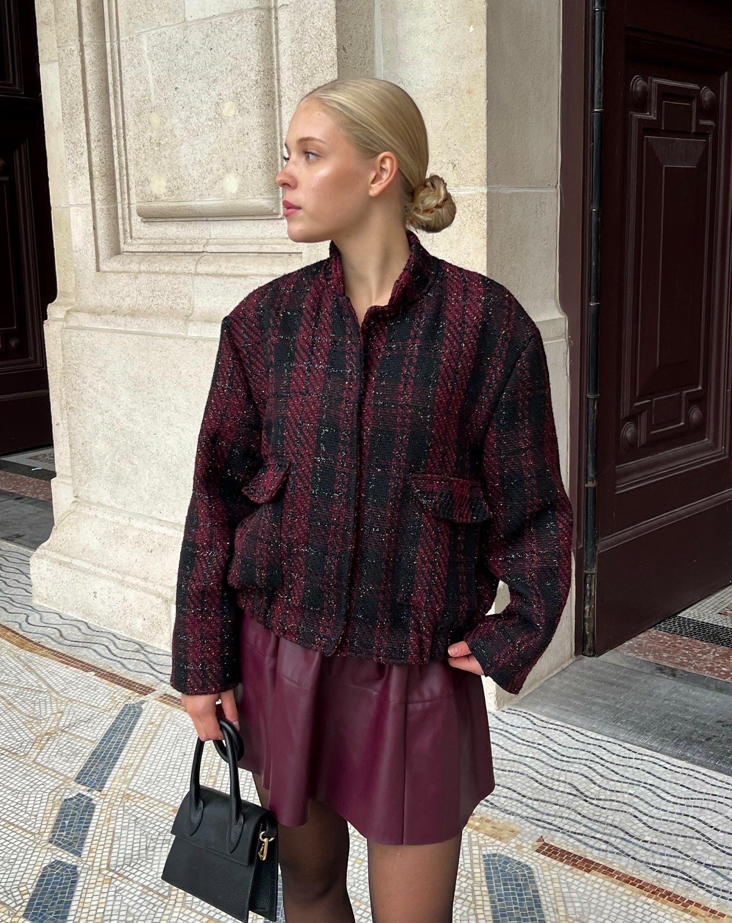 ALEXIS CHECK BOUCLE JACKET BURGUNDY