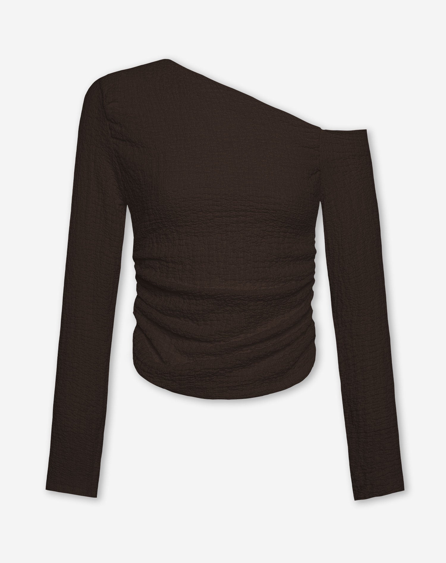 STRUCTURE OFF SHOULDER RUCHED TOP DARK BROWN