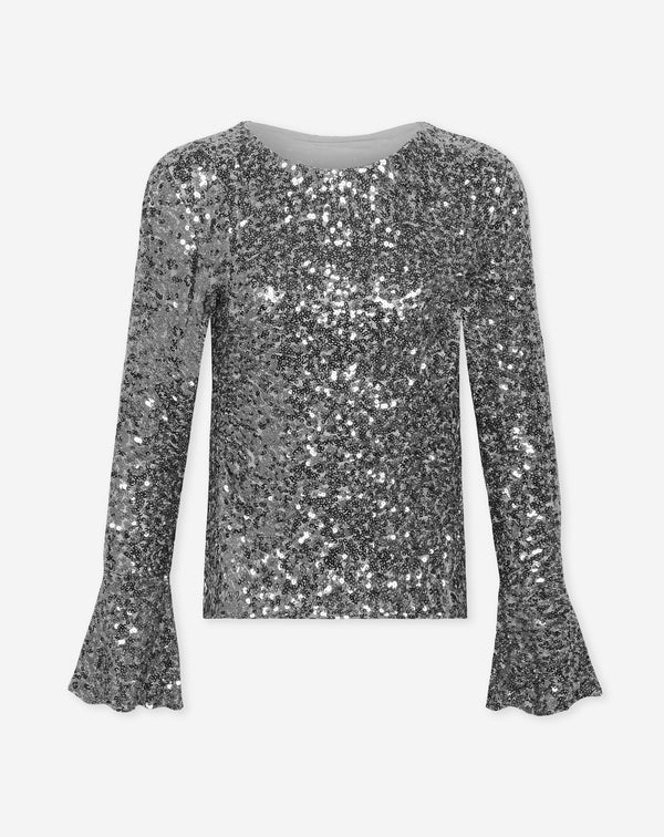 ROBBIN SEQUINS FLARE SLEEVE TOP SILVER