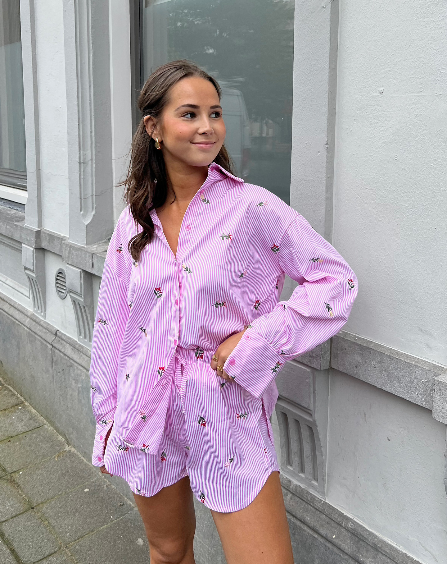 STRIPE FLOWER BLOUSE PINK