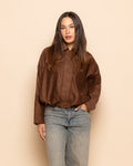 FAUX SUEDE BIKER BUBBLE HEM JACKET BROWN