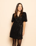 SEQUINS PUFF SLEEVE DRESS ZWART