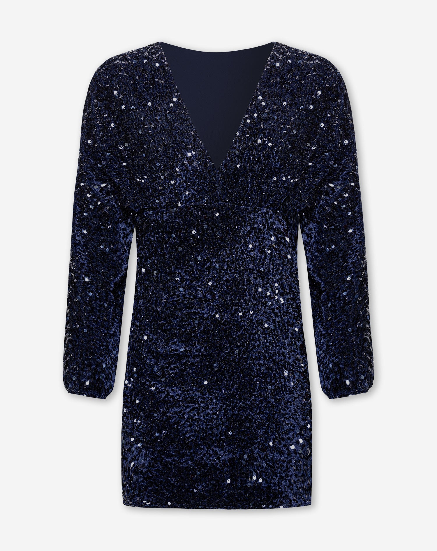 VELVET SEQUIN V-NECK DRESS NAVY