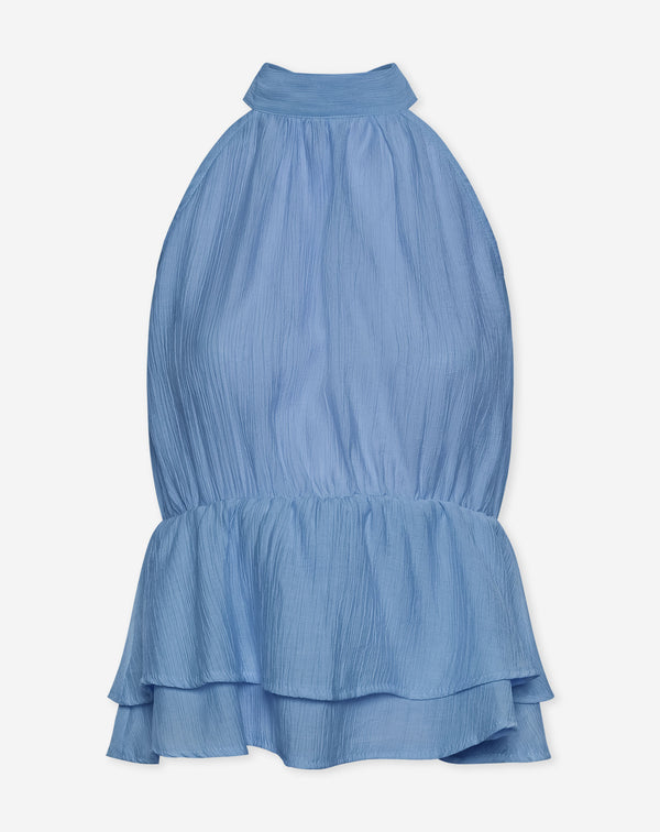 HALLY RUFFLE HALTER TOP BLAUW