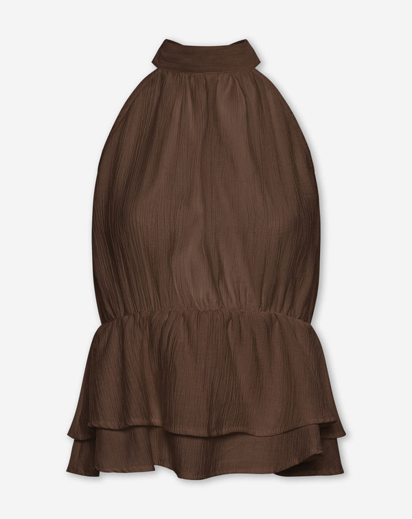 HALLY RUFFLE HALTER TOP BRUIN