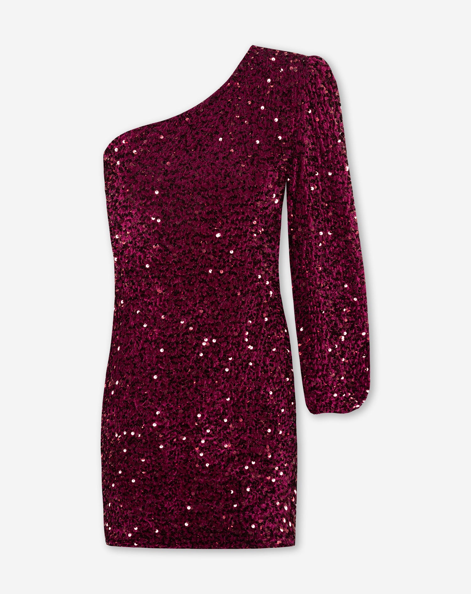 VELVET SEQUIN ONE SLEEVE DRESS BURGUNDY