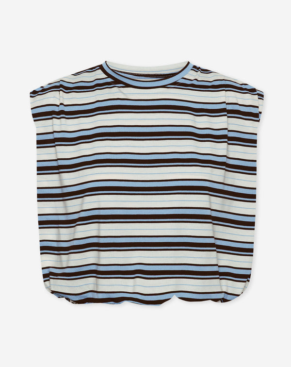 STRIPE PADDED SHOULDER BUBBLE HEM TEE BLAUW