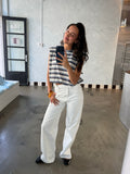 STRIPE PADDED SHOULDER BUBBLE HEM TEE BLAUW