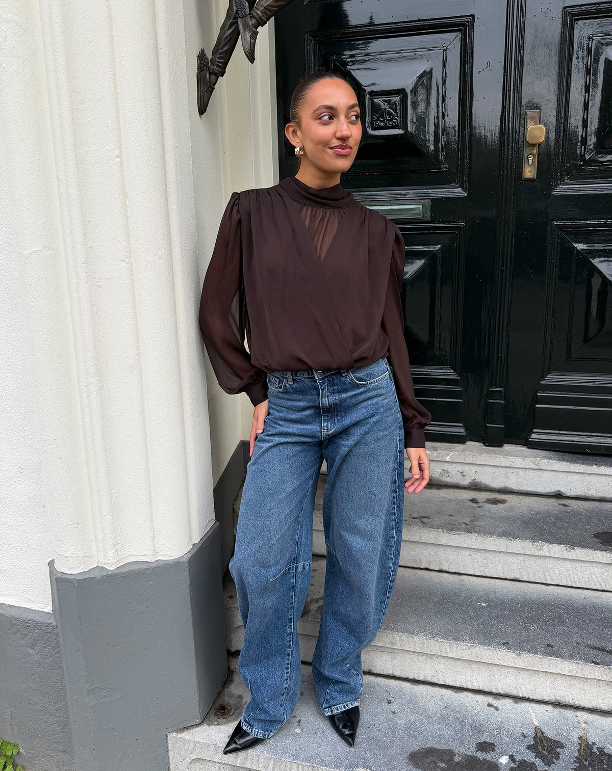 CHIFFON DRAPED TOP BROWN