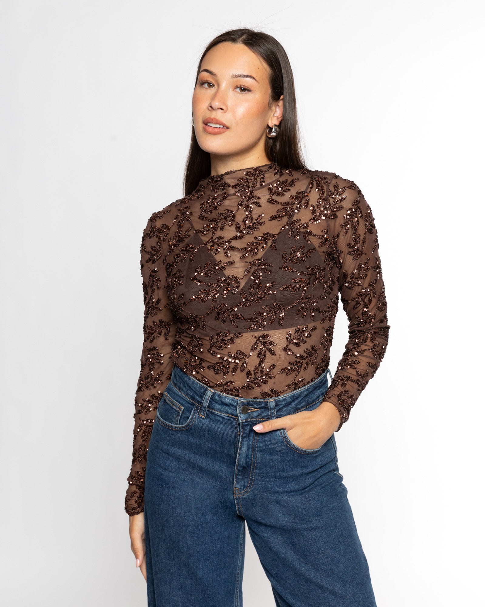 SEQUINS SMALL LEAF TOP BROWN