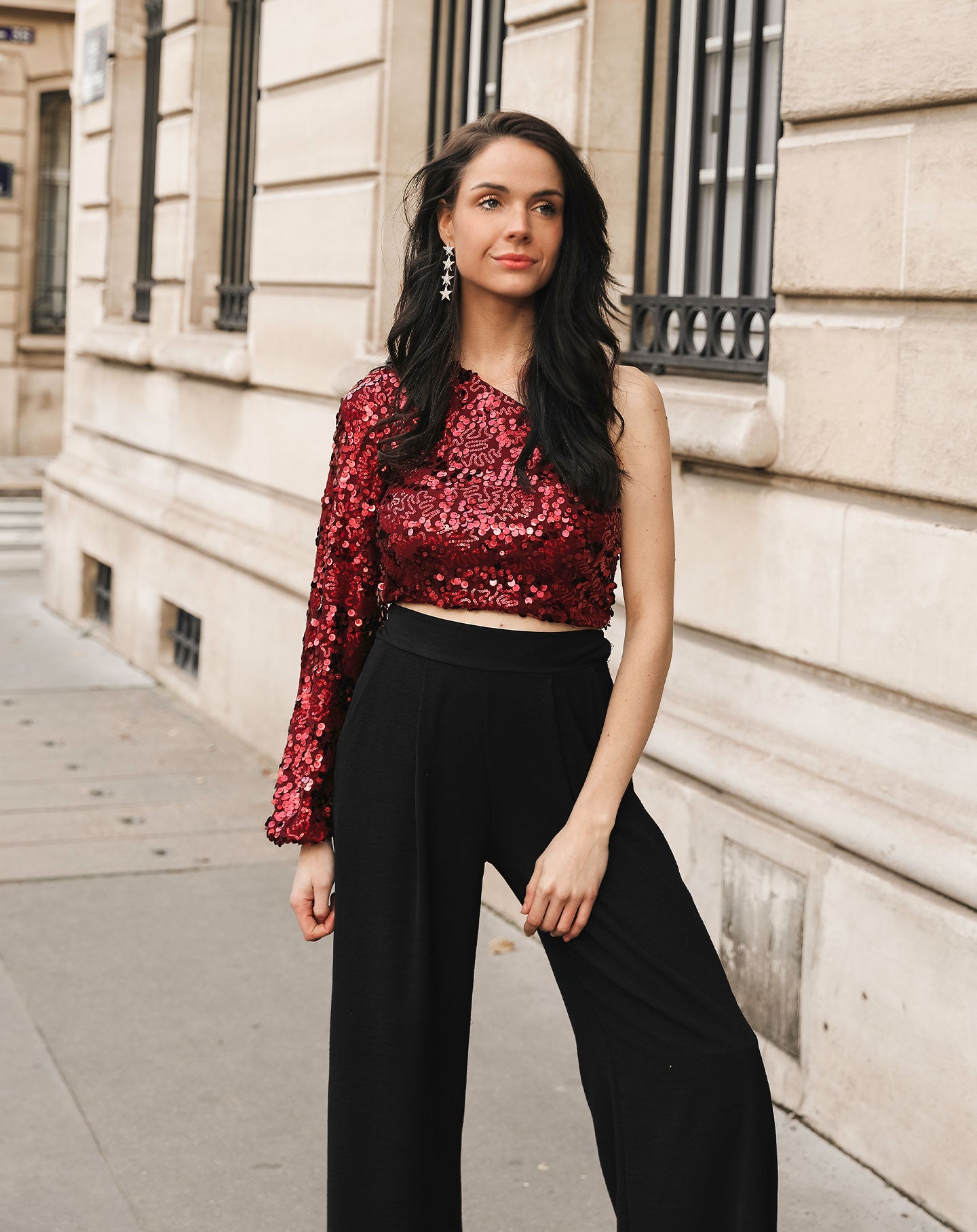 MIX SEQUINS ONE SHOULDER TOP BORDEAUX