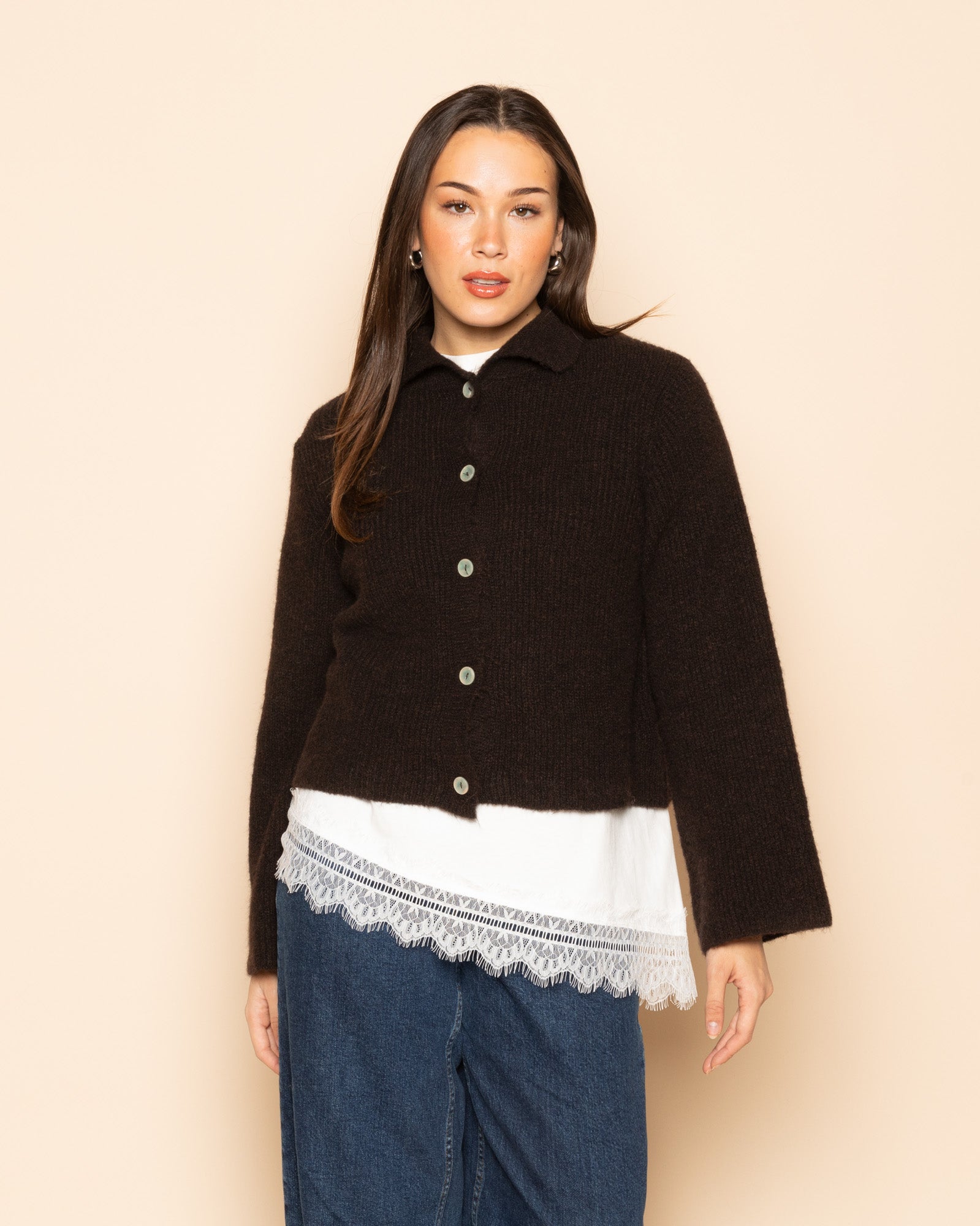 KNITTED POLO CARDIGAN DARK BROWN