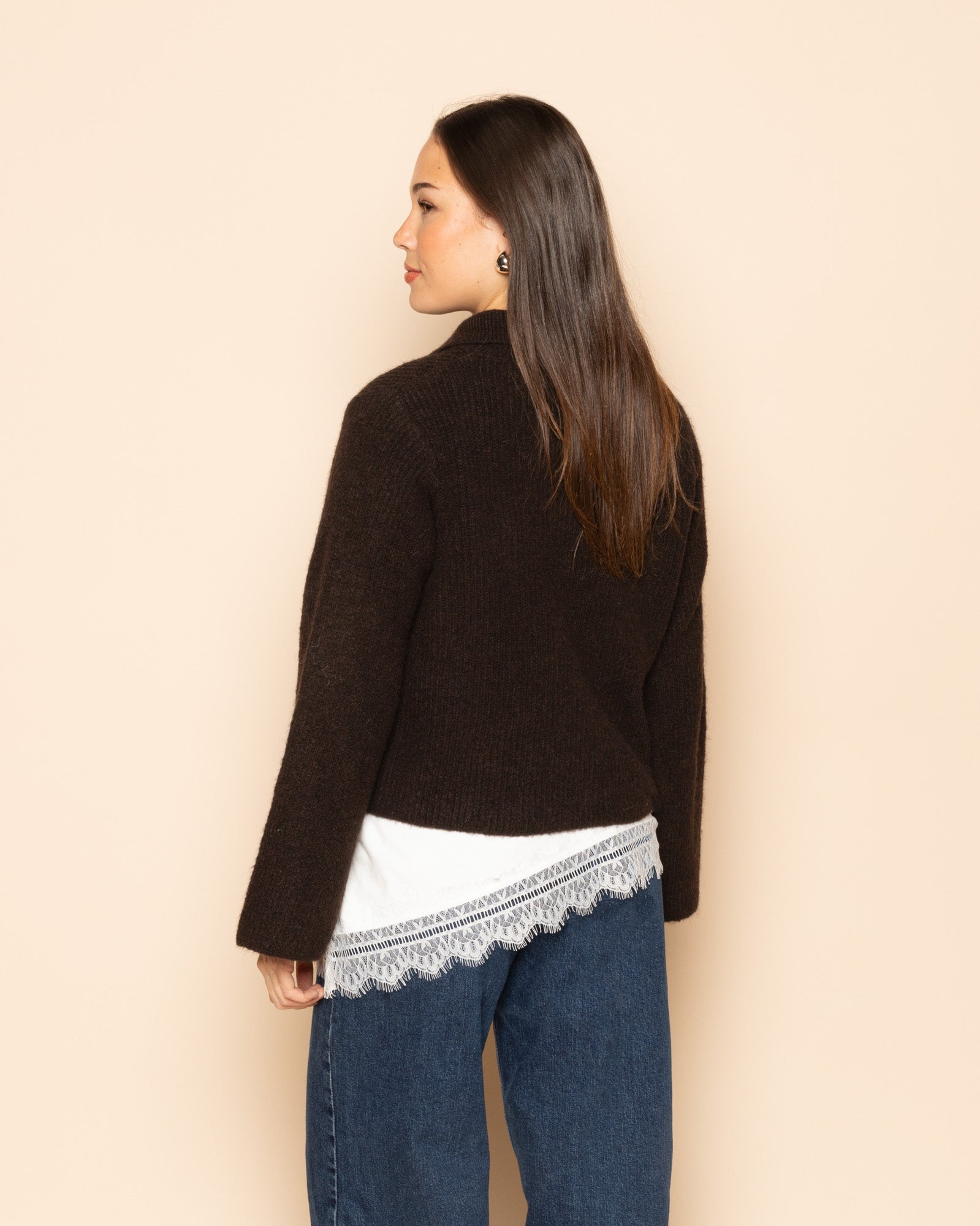KNITTED POLO CARDIGAN DARK BROWN