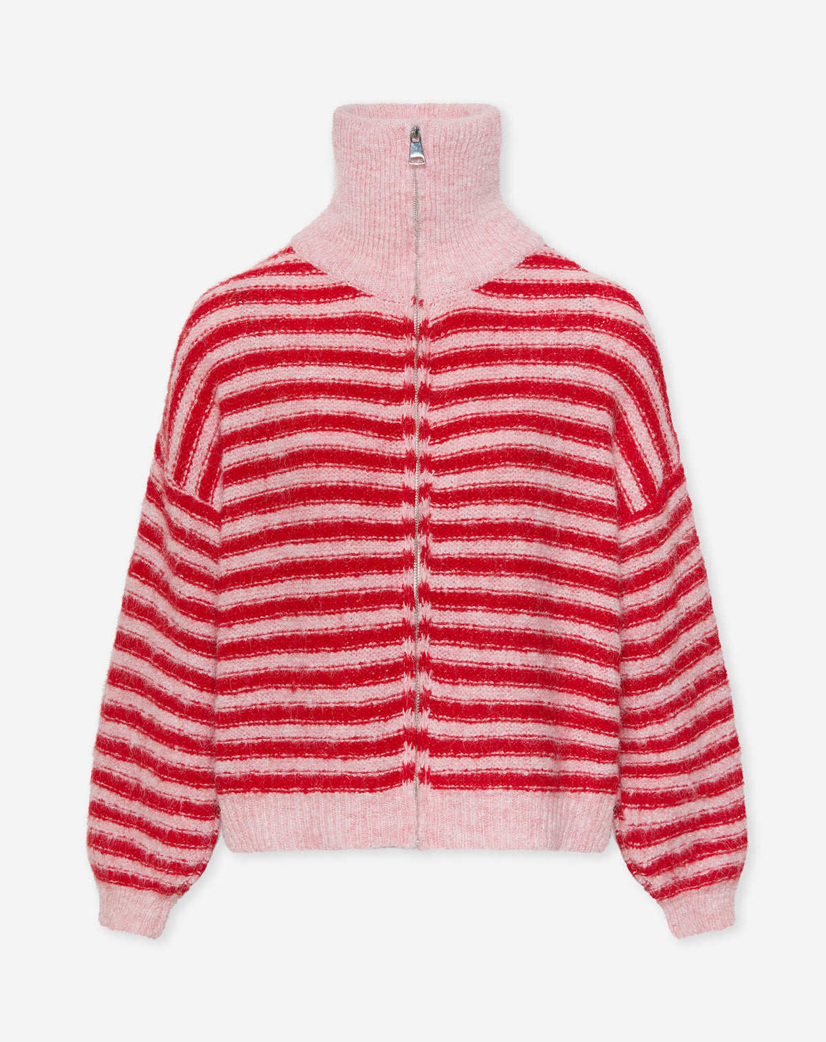STRIPE HIGH NECK CARDIGAN ROOD