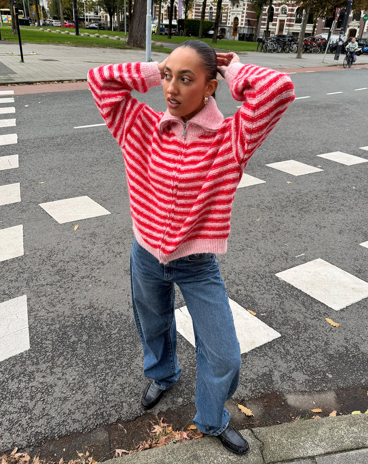 STRIPE HIGH NECK CARDIGAN RED
