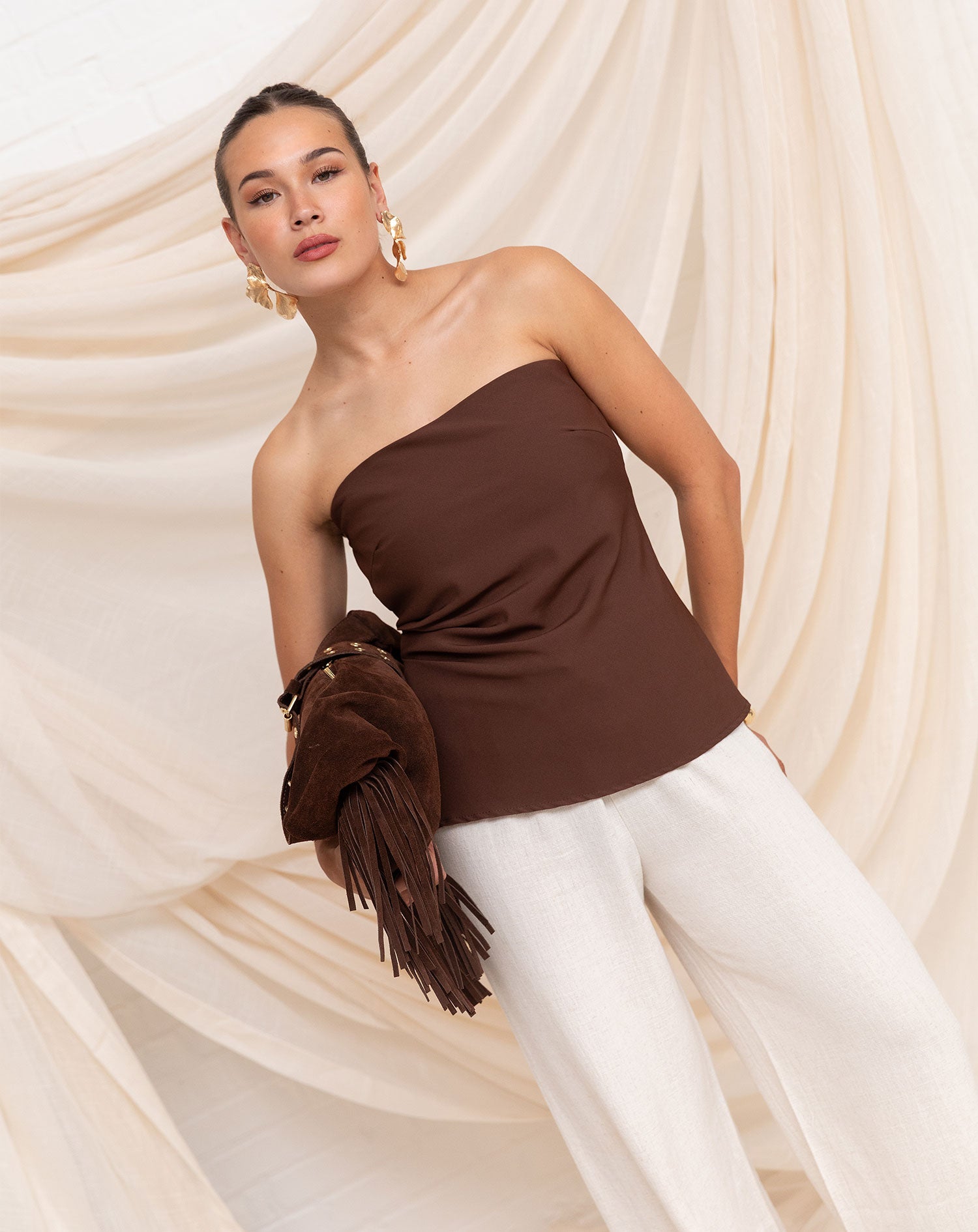 STRAPLESS RUCHED TOP BROWN