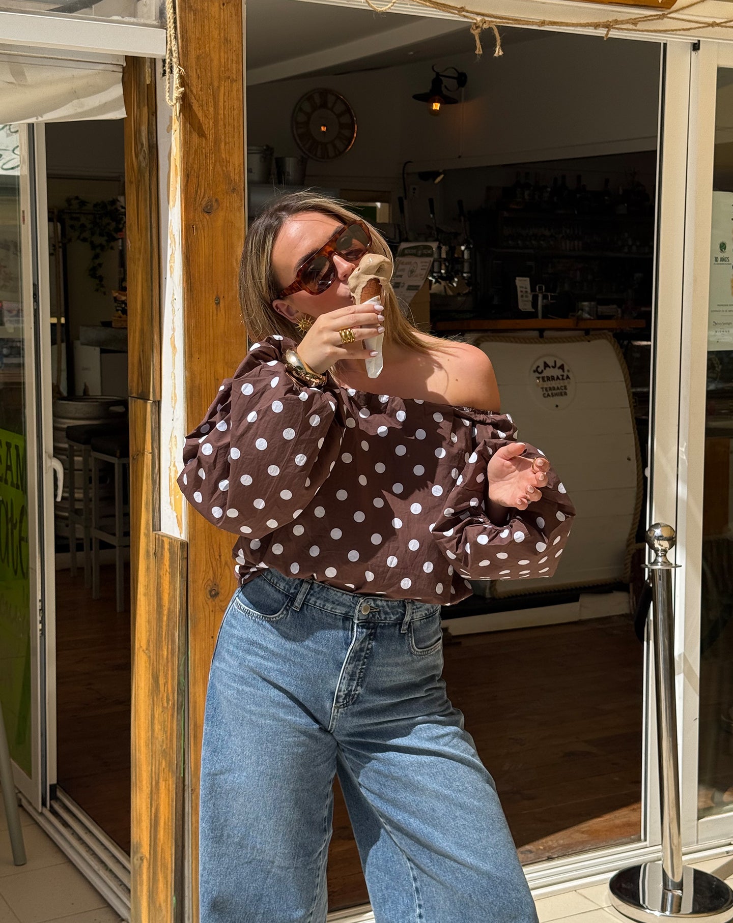 DOT OFF SHOULDER PUFF SLEEVE TOP BROWN | Most Wanted