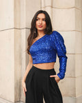 SEQUINS ONE SHOULDER TOP ROYAL BLUE