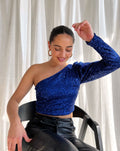 SEQUINS ONE SHOULDER TOP ROYAL BLUE