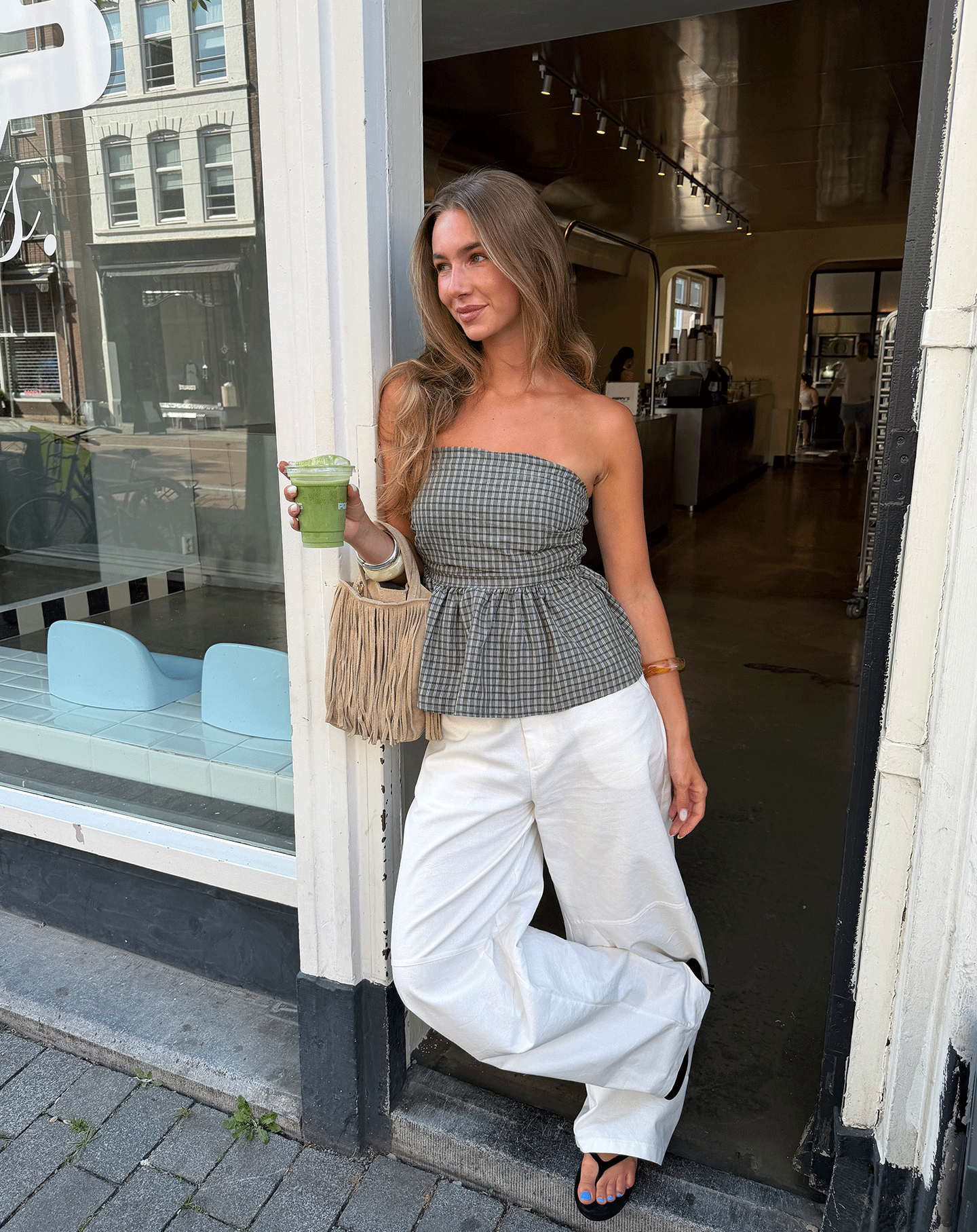CHECK PEPLUM TOP GROEN