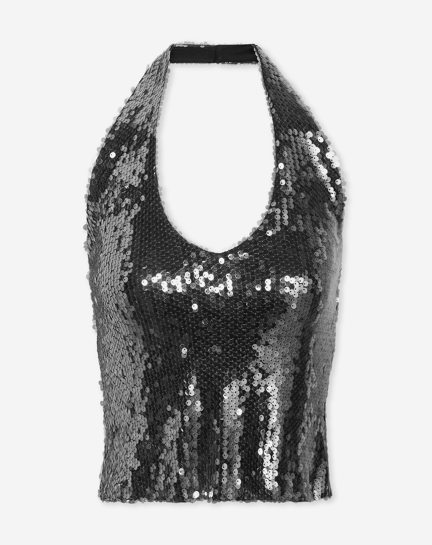 TRANSPARENT SEQUINS HALTER TOP ZWART