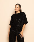 VELVET FLOCK SEQUINS PUFF SLEEVE TOP ZWART