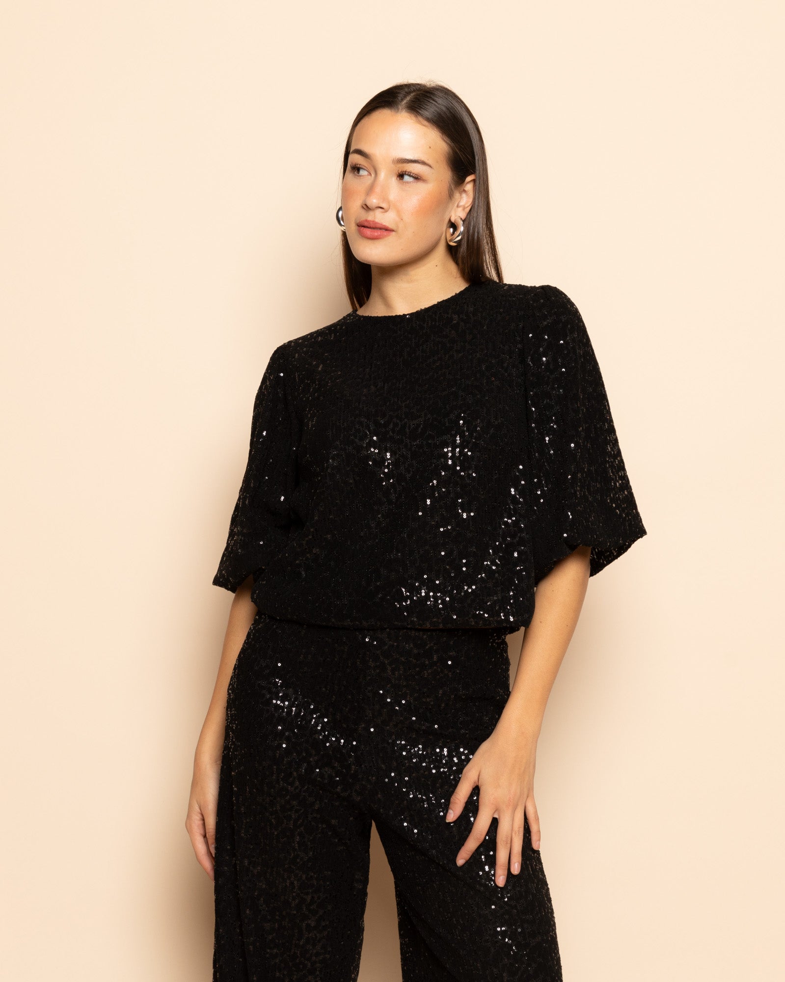 VELVET FLOCK SEQUINS PUFF SLEEVE TOP BLACK