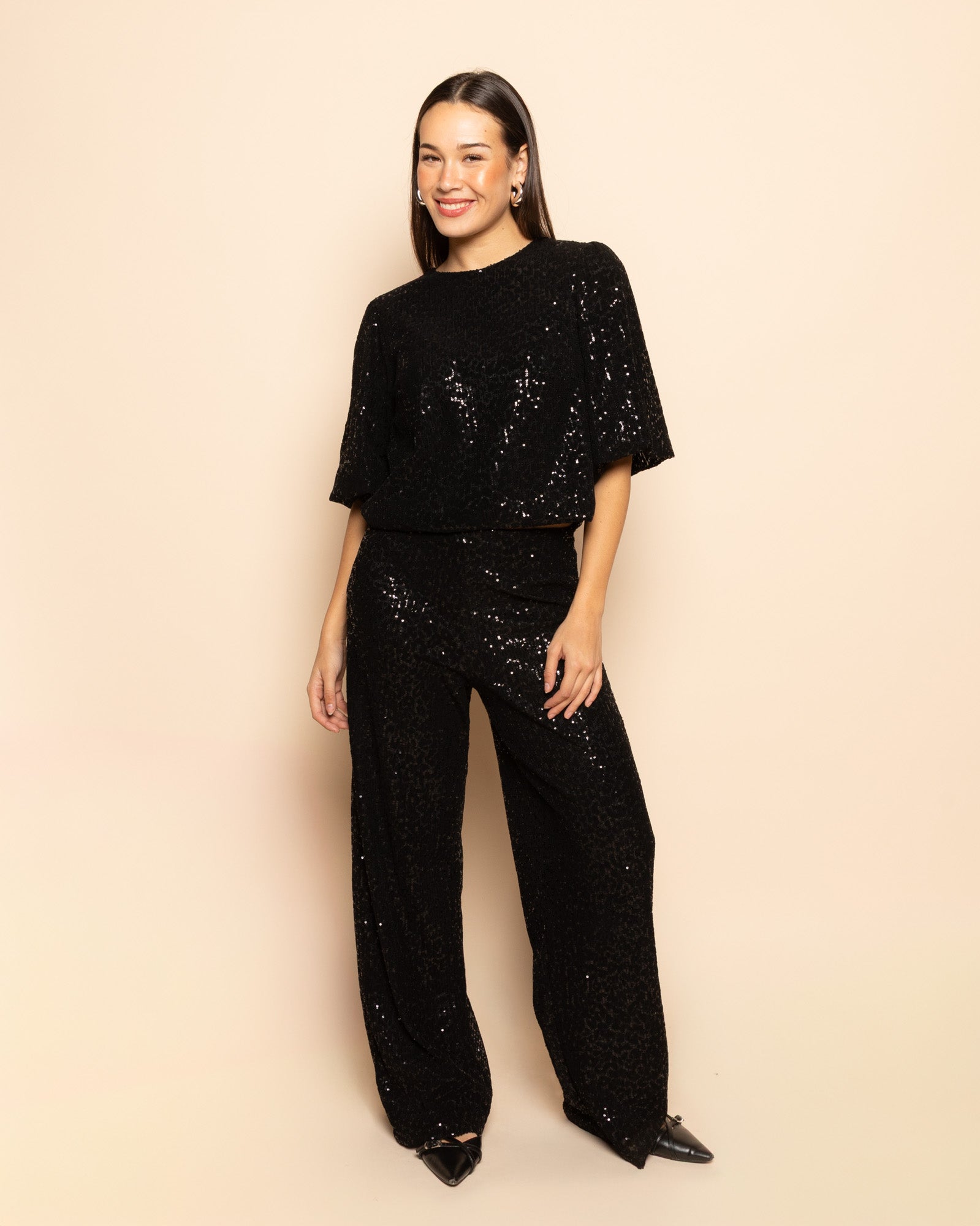 VELVET FLOCK SEQUINS PUFF SLEEVE TOP BLACK