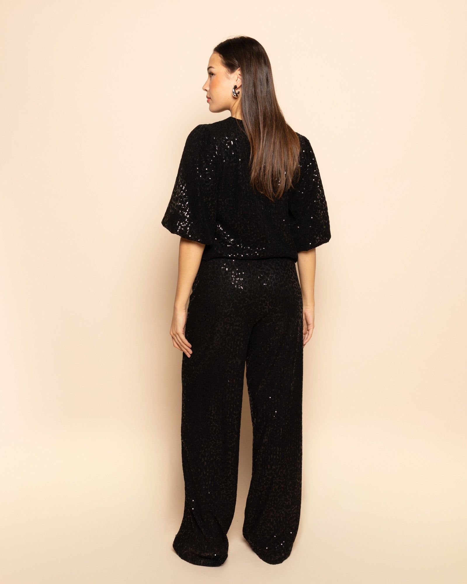 VELVET FLOCK SEQUINS PUFF SLEEVE TOP ZWART