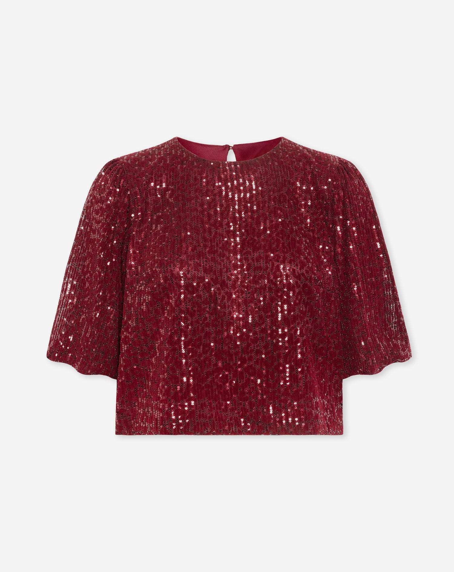 VELVET FLOCK SEQUINS PUFF SLEEVE TOP BURGUNDY