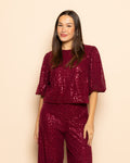 VELVET FLOCK SEQUINS STRAIGHT LEG PANTS BURGUNDY