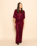 VELVET FLOCK SEQUINS STRAIGHT LEG PANTS BURGUNDY