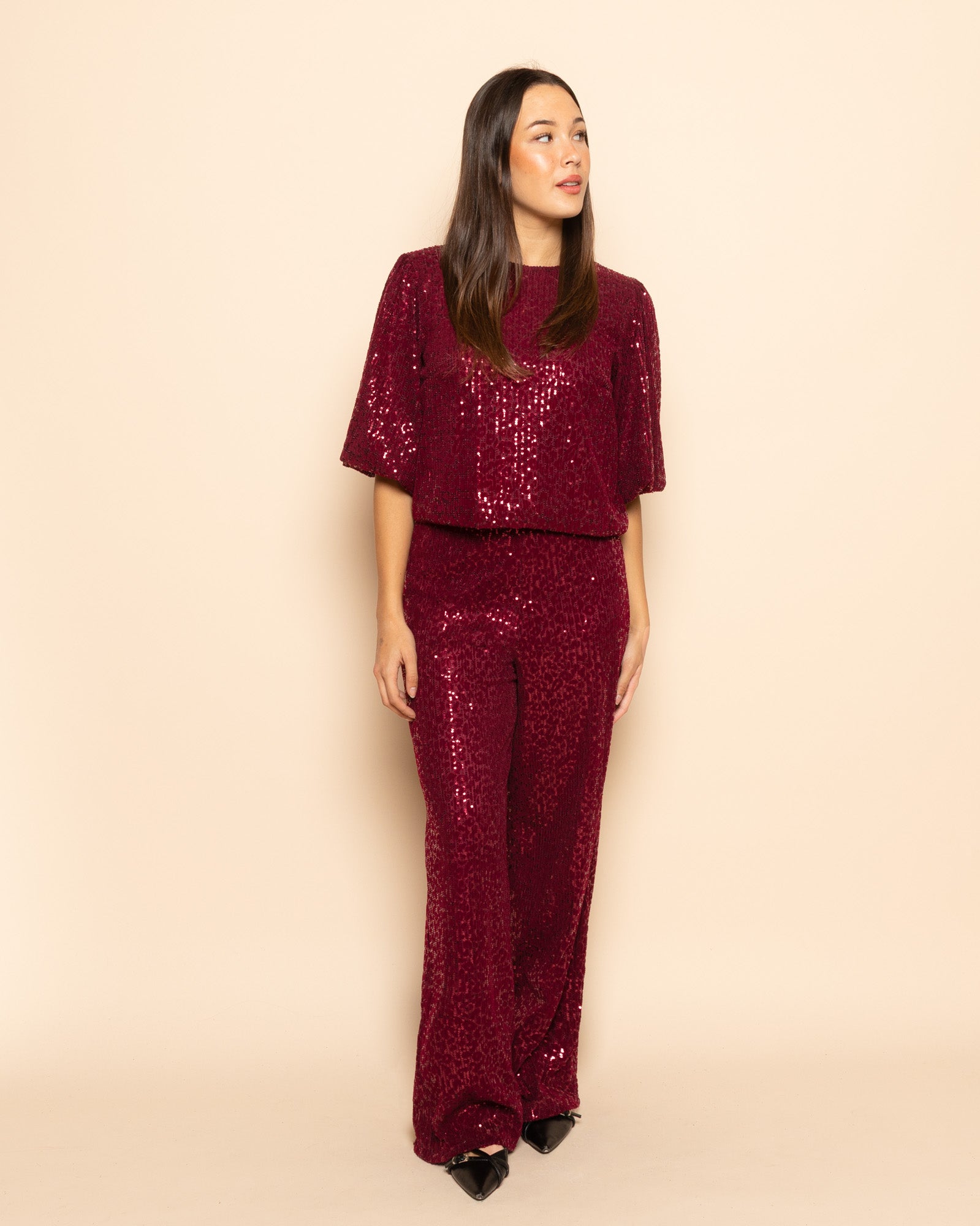 VELVET FLOCK SEQUINS PUFF SLEEVE TOP BURGUNDY