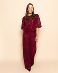 VELVET FLOCK SEQUINS STRAIGHT LEG PANTS BURGUNDY