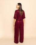 VELVET FLOCK SEQUINS STRAIGHT LEG PANTS BURGUNDY