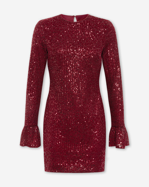 VELVET FLOCK SEQUINS DRESS BURGUNDY
