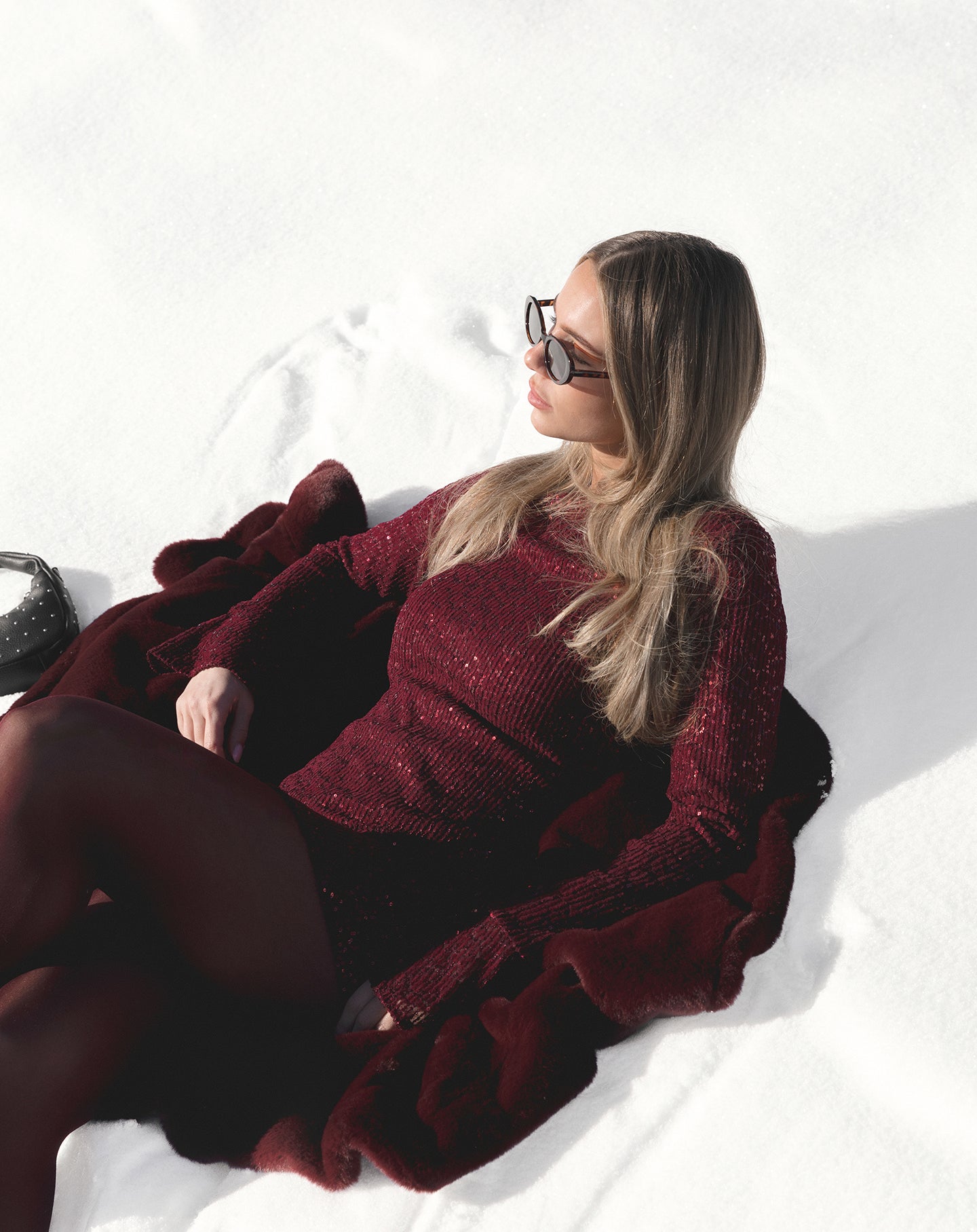 VELVET FLOCK SEQUINS DRESS BURGUNDY