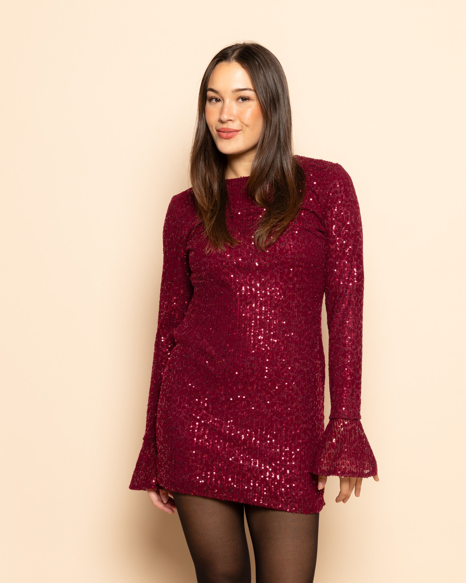 VELVET FLOCK SEQUINS DRESS BURGUNDY